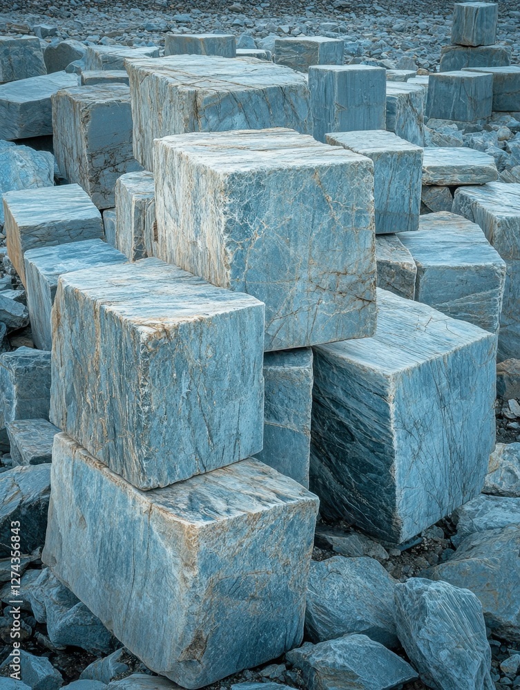 Poster abstract arrangement of blue marble blocks at quarry a captivating display of texture and form stone