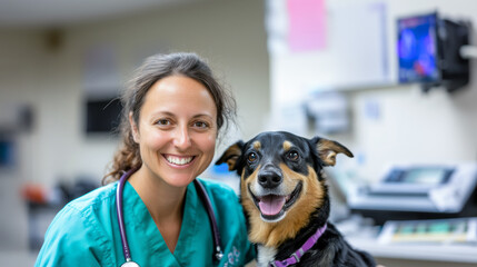 Smiling veterinarian with a happy dog at a veterinary clinic