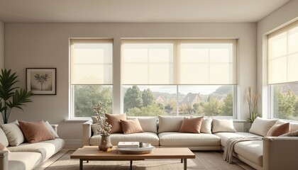 Illustration of modern interior with energy-efficient cellular shades on windows. Honeycomb design provides superior thermal insulation, light control in stylish home. Energy saving window shades