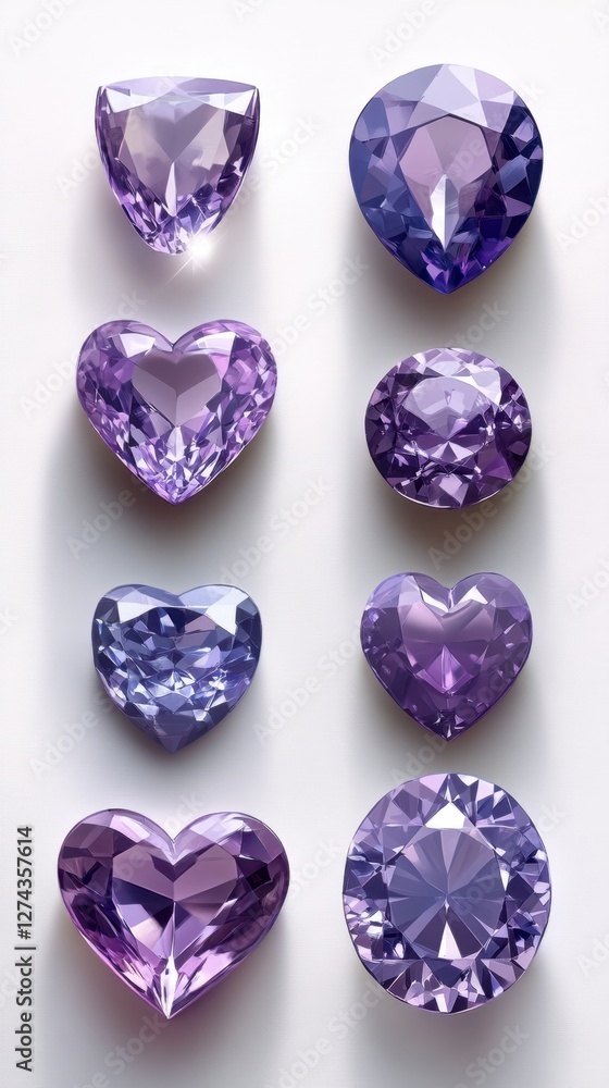 Poster exquisite array of amethyst gemstones in various cuts and shapes on a pristine white background show