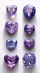 Fototapeta premium Exquisite array of amethyst gemstones in various cuts and shapes on a pristine white background showcasing facets and brilliance