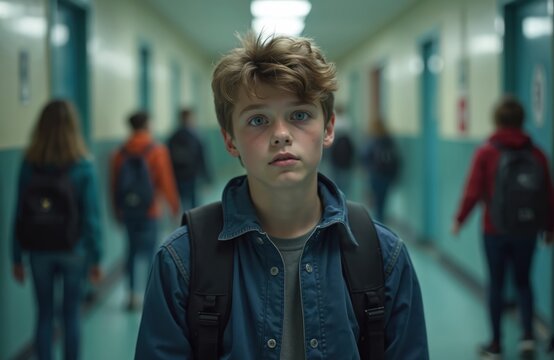 Teenage boy stands at school hallway looks sadly. Upset kid with backpack, children walk blurred background. Concept of bullying, loneliness, mental problems, adaptation difficulties during school