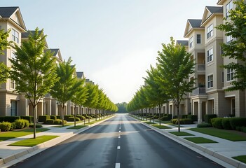 Naklejka premium Wide asphalt road runs between modern apartment buildings. Green trees line both sides of road creating tranquil urban landscape. Bright sunlight illuminates scene creating warm summer day