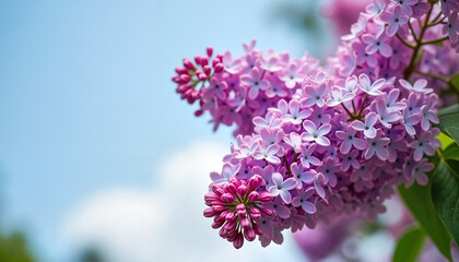 Clusters of lilac flowers blooming against a clear blue sky in a suburban backyard, symbolizing seasonal beauty.