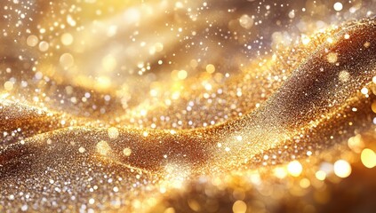 Shimmering Gold Glitter Particles on Smooth Surface Creating Dreamy Background for Celebrations and Festivities in Sparkling Light Effects
