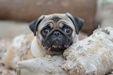 Adorable pug with expressive eyes covered in sand resting on a sandy cushion looking at camera close up shot with shallow depth of field