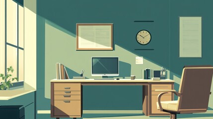Sunlit office workspace, desk, chair, documents, window view