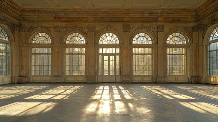 Fototapeta premium Sunlit Grand Hall with Arched Windows and Elegant Design
