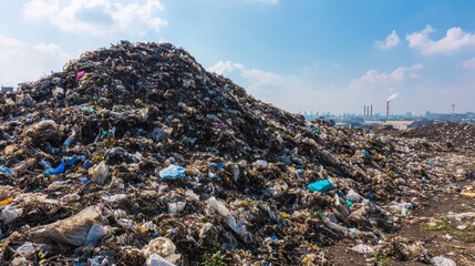 Overflowing Landfill with Plastic Waste Under Clear Sky