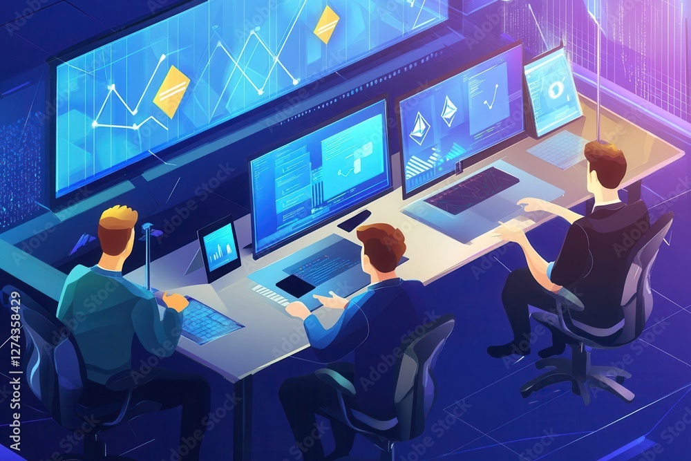 Poster a group of blockchain developers collaborating on a new decentralized application in a modern office
