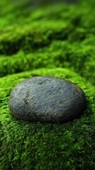 Serene Stone Resting on Vibrant Green Moss a Zen Garden Still Life Capturing Nature's Harmony and Tranquility with Soft Light and Natural Texture