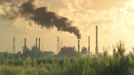 Fototapeta premium Smoky Emissions from Industrial Plant in Toxic Environment at Sunset