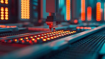 A close-up of a robotic arm interacting with illuminated panels in a futuristic, high-tech environment, showcasing intricate details and vibrant colors.