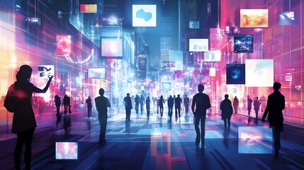 Dynamic depiction illustrating omnichannel marketing strategies the entertainment industry focusing on engagement across digital and physical platforms