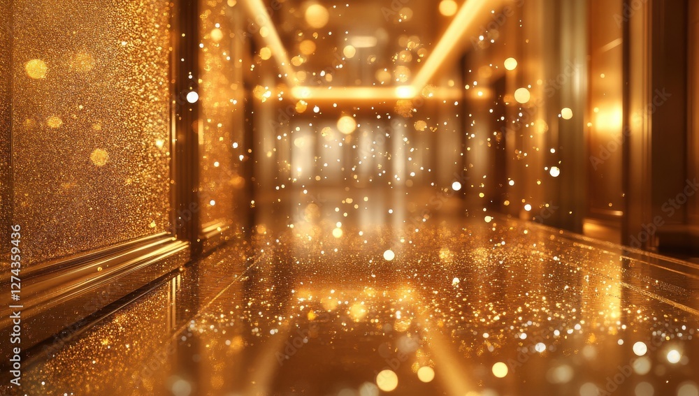Poster shimmering golden bokeh effect creating a magical atmosphere in a luxurious hallway with warm lighti