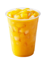 Tall Plastic Cup Filled with Iced Mango Smoothie and Fruit Chunks