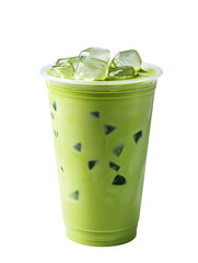 Tall Plastic Cup Filled with Iced Matcha Latte and Cream