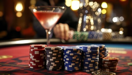 Cocktail and poker chips on a casino table at night