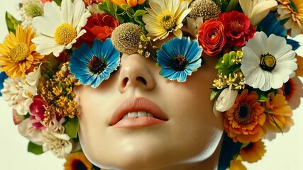 Fashion model displays vibrant floral headpiece in studio setting adorned with colorful flowers