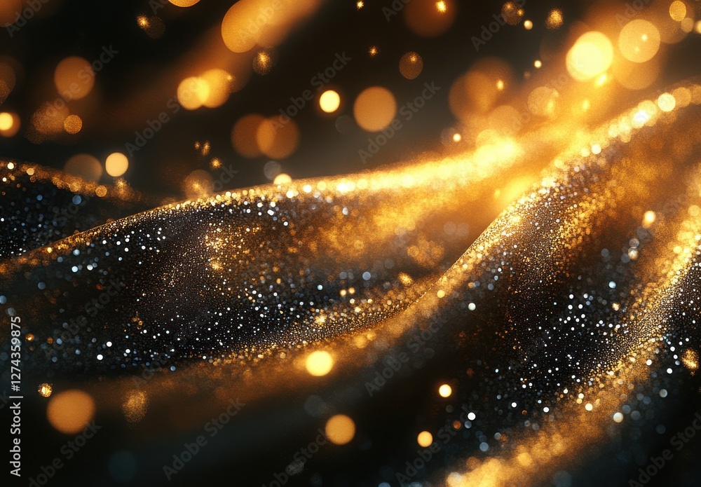 Poster shimmering golden glitter and bokeh effects on smooth fabric background creating an elegant and luxu