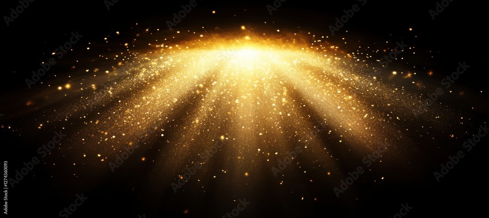 Poster shimmering golden light rays with sparkling particles against black background for dramatic and capt