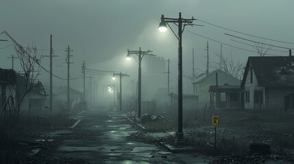 Abandoned Street in Decaying City with Fog and Dim Streetlights