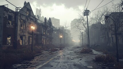 Naklejka premium Abandoned Decaying City Street with Ruined Buildings and Fog