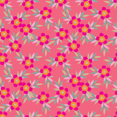 Fototapeta premium Vintage seamless floral pattern. Liberty style background of small coral pink flowers. Small flowers scattered over a beige background. Stock vector for printing on surfaces. Realistic plant flowers.
