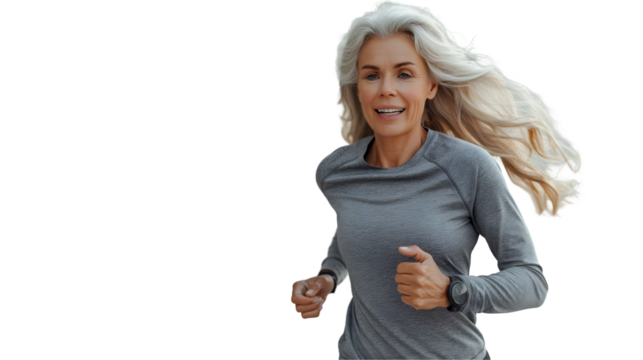 Senior Woman Jogging Healthy Outdoor Fitness, Grey Hair and Active Lifestyle, isolated on transparent background. - Powered by Adobe