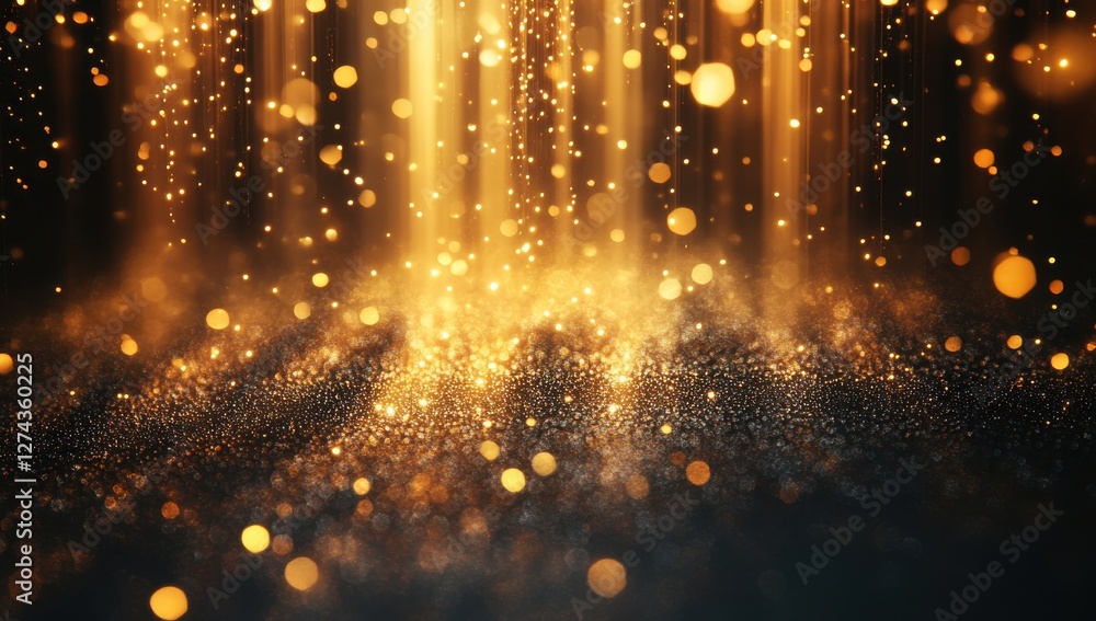 Poster shimmering golden light particles falling on dark background, elegant sparkling effect for use in cr