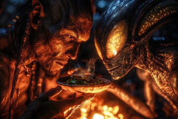An extraordinary encounter under the night sky: An indigenous man shares food with a mysterious alien being around a campfire, bridging worlds and cultures with generosity and respect.