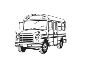 Intense jet black line art school bus. Black and white, clear background, pure black, deep shadows, easy to color, vector.