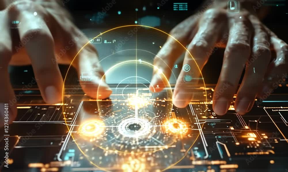 Poster hands typing on futuristic glowing keyboard with digital data streams