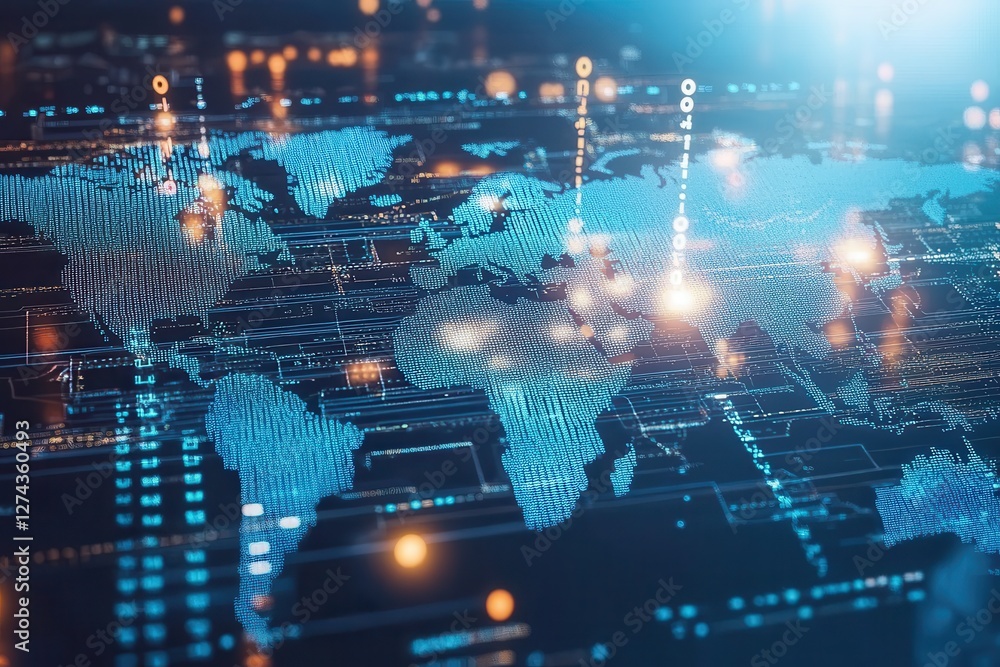 Poster a global map overlaid with digital blockchain nodes and data connections . a world map featuring num