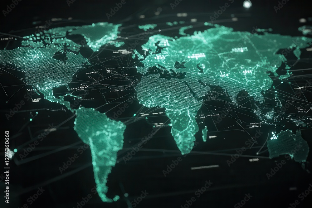 Poster a global map overlaid with digital blockchain nodes and data connections . a world map featuring num