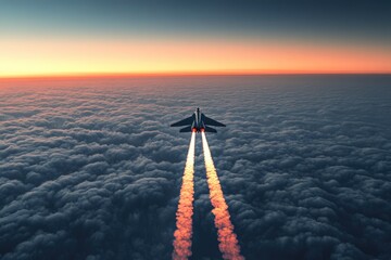 A fighter jet breaks the sound barrier above a vast expanse of clouds during a breathtaking sunset.