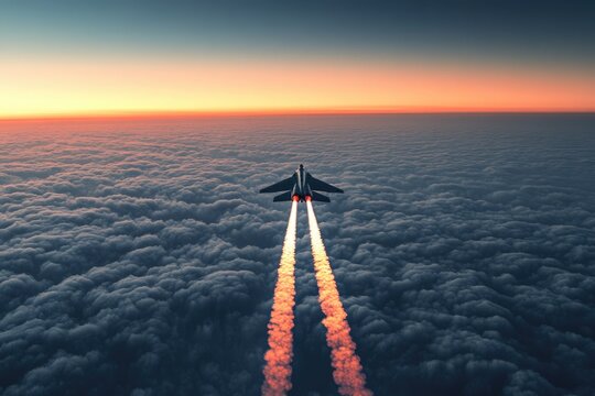 A fighter jet breaks the sound barrier above a vast expanse of clouds during a breathtaking sunset.