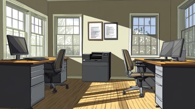 Sunny office, two desks, printer, windows, workday