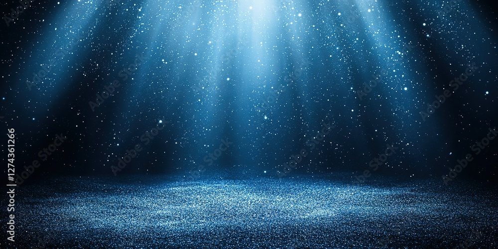 Poster light beams create a mystical atmosphere over a sparkling surface in a darkened environment