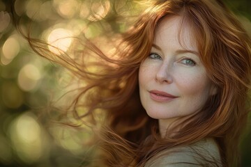 Fototapeta premium A redhead woman with windblown hair smiles softly, bathed in the warm glow of sunlight filtering through leaves.