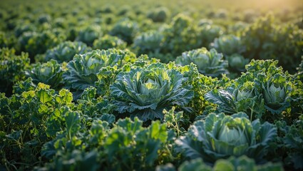 Fresh green cabbage heads in lush field bathed in golden afternoon light