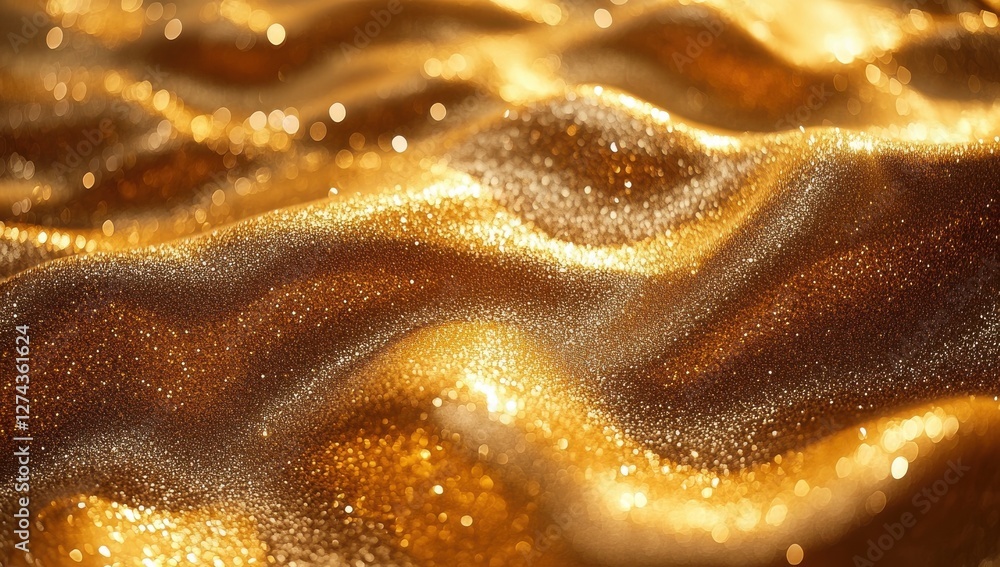 Poster shimmering golden waves with sparkling glitter texture in rich warm tones capturing light and depth 