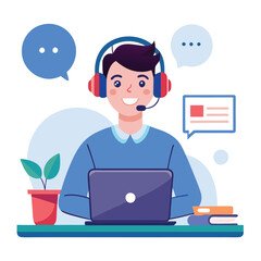 man in headphones, studying at laptop. Happy female student watching business webinar. Video conference call, remote work communication. Flat vector illustration isolated on white background