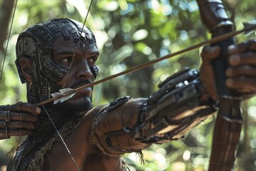 A powerful close up of a futuristic archer in a dense green forest environment, showcasing advanced technology and traditional hunting skills with a intense focus.