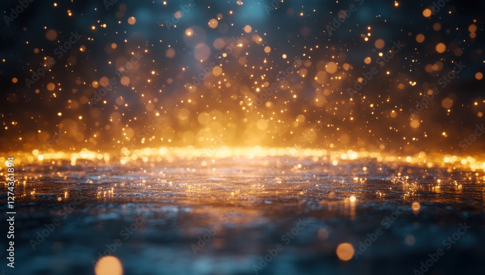 Poster shimmering particles and sparkling lights creating a magical atmosphere over a water surface in a my