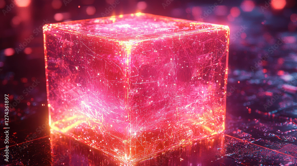 Aufkleber floating neon cube surrounded by glowing digital network in high-tech environment
