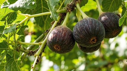Fototapeta premium Ripe figs on tree with wrinkled purple skin and green leaves