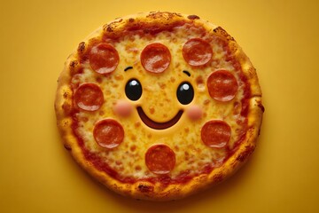 Cheerful pepperoni pizza with a smiling face on a vibrant yellow background, combining delicious food with playful, artistic expression