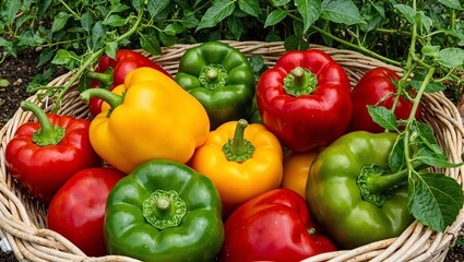 Vibrant bell peppers in red yellow and green nestled in a garden with lush greenery