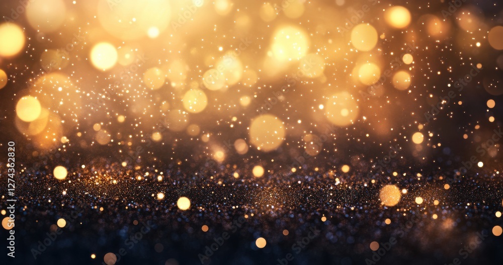 Poster soft golden bokeh lights shimmering in the background with sparkling dust particles creating a dream